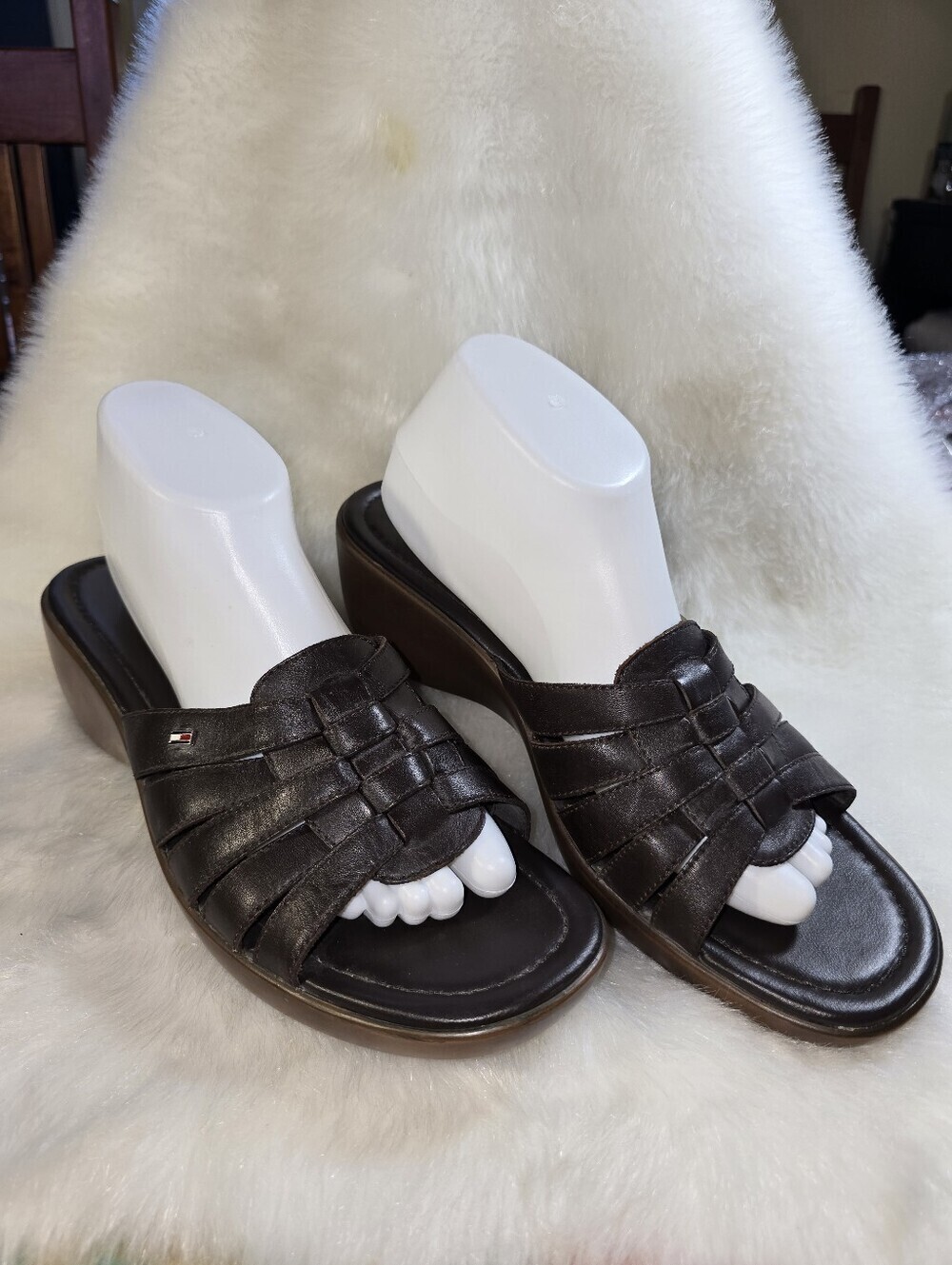 Tommy Hilfiger Merry Dark Brown Woven Leather Slide Wedges